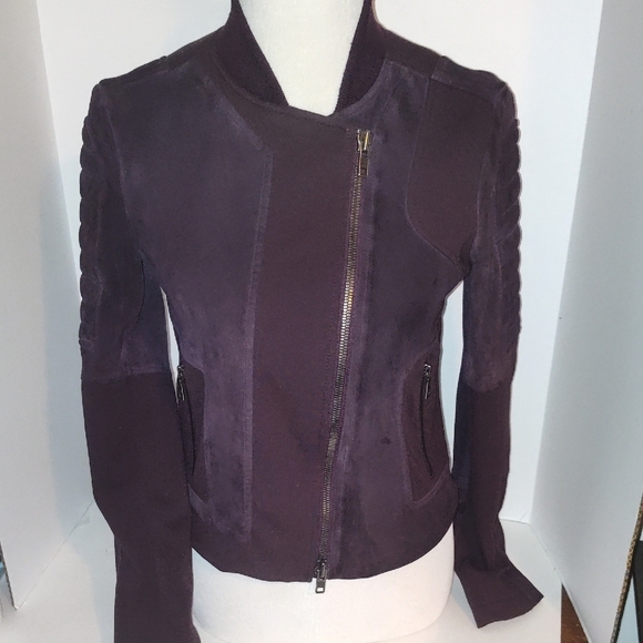 Theory Shezi K Combo Moto Jacket in Eggplant Purple Suede Size Small  Cropped - Picture 1 of 11
